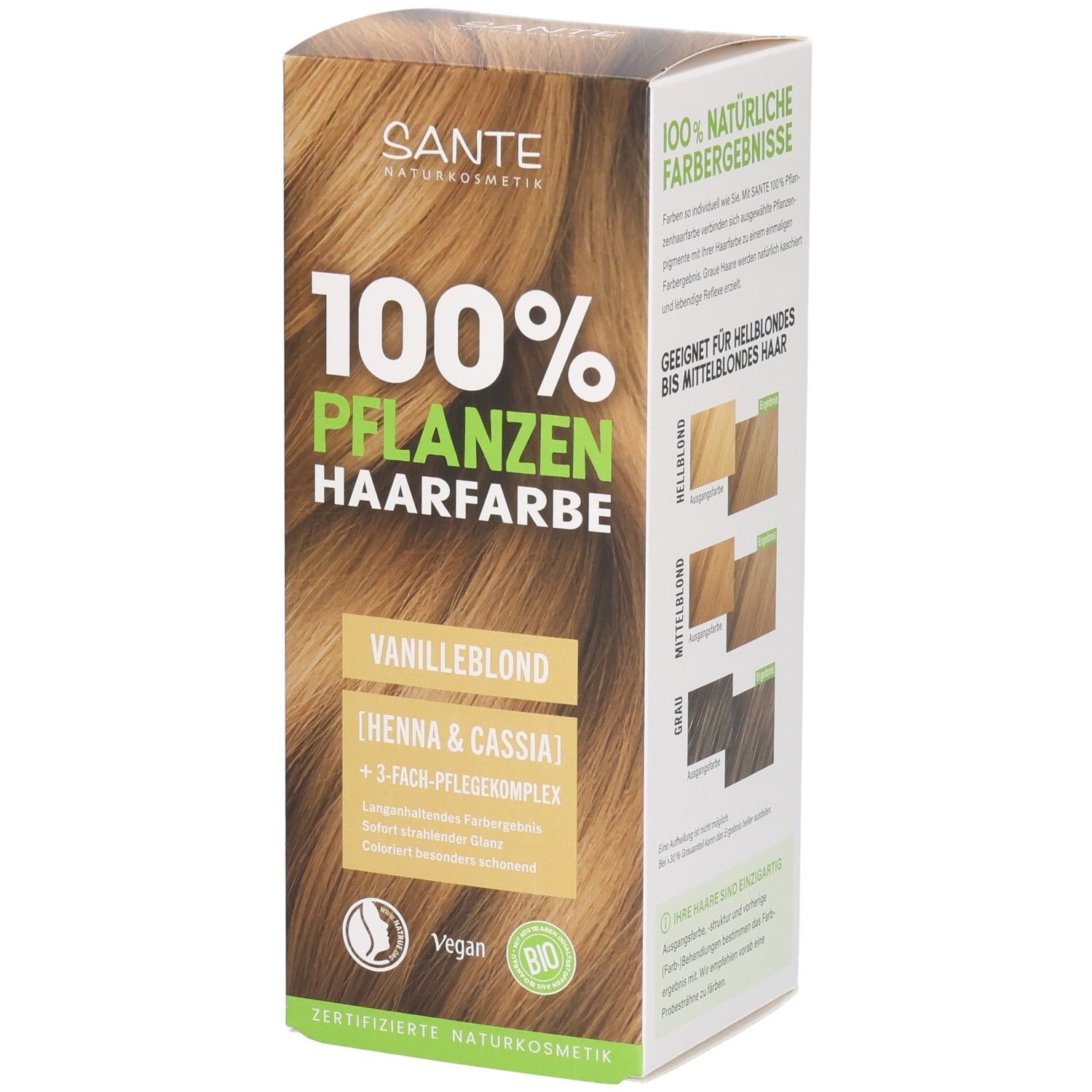 Verpackung SANTE Pflanzenhaarfarbe Vanilleblond 01, 100% natürliche Farbergebnisse, vegan, bio.