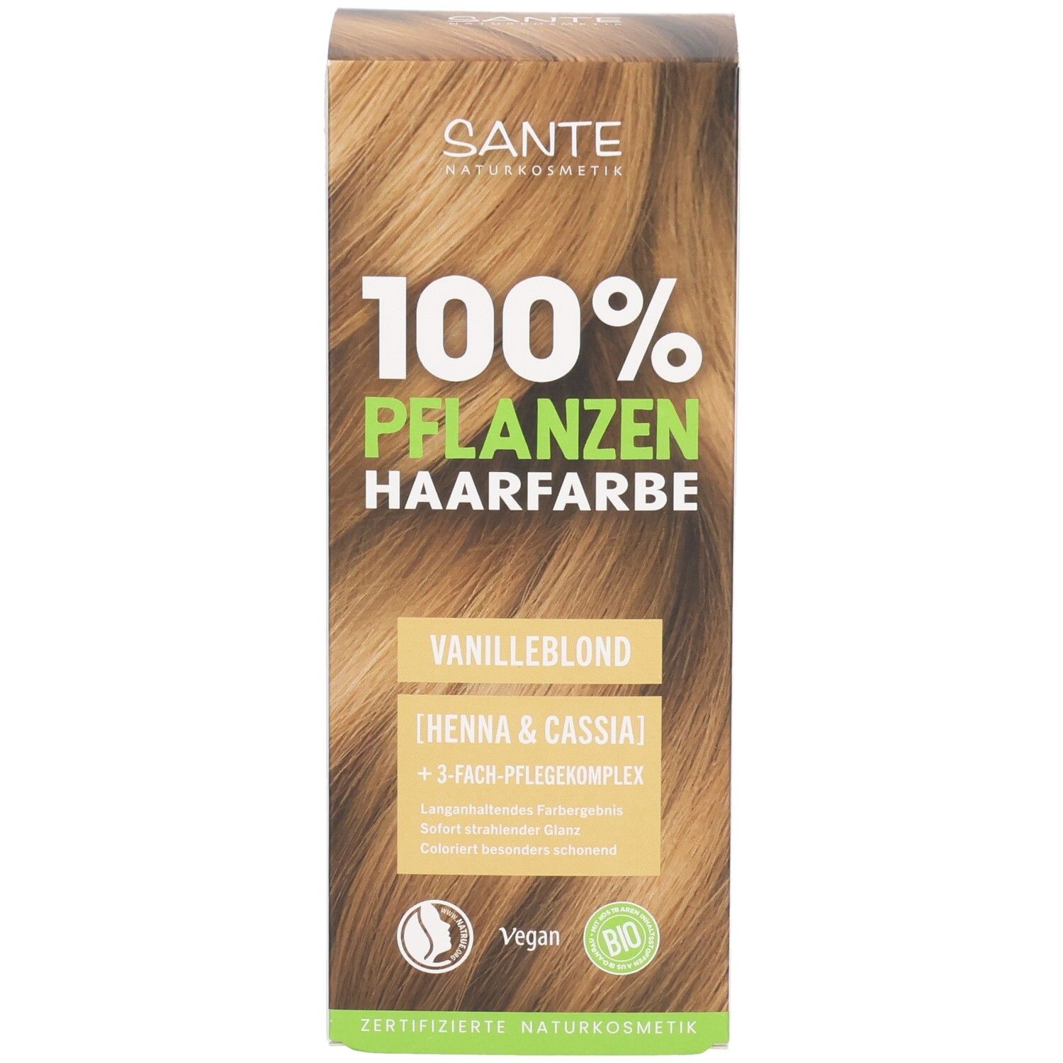 Verpackung SANTE Pflanzenhaarfarbe Vanilleblond 01, mit Henna & Cassia, 3-fach Pflegekomplex.