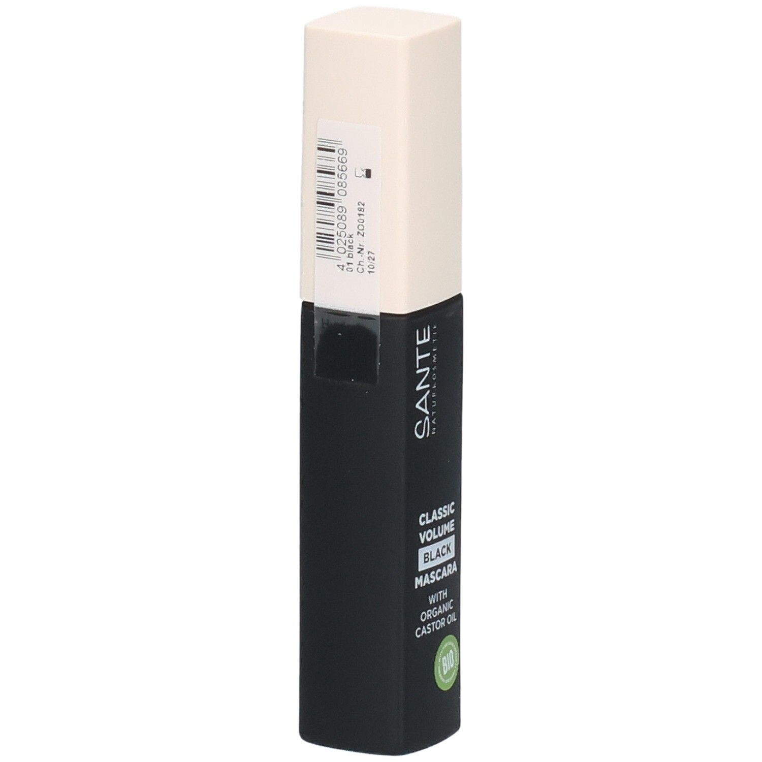 Santé Classic Volume Black Mascara mit Bio-Rizinusöl und Barcode.