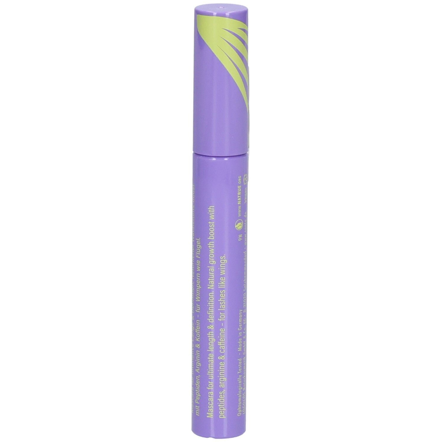 Lila Mascarabürste mit gelben Akzenten. Text: Mascara für Länge & Definition. Mit Peptiden, Arginin & Koffein.