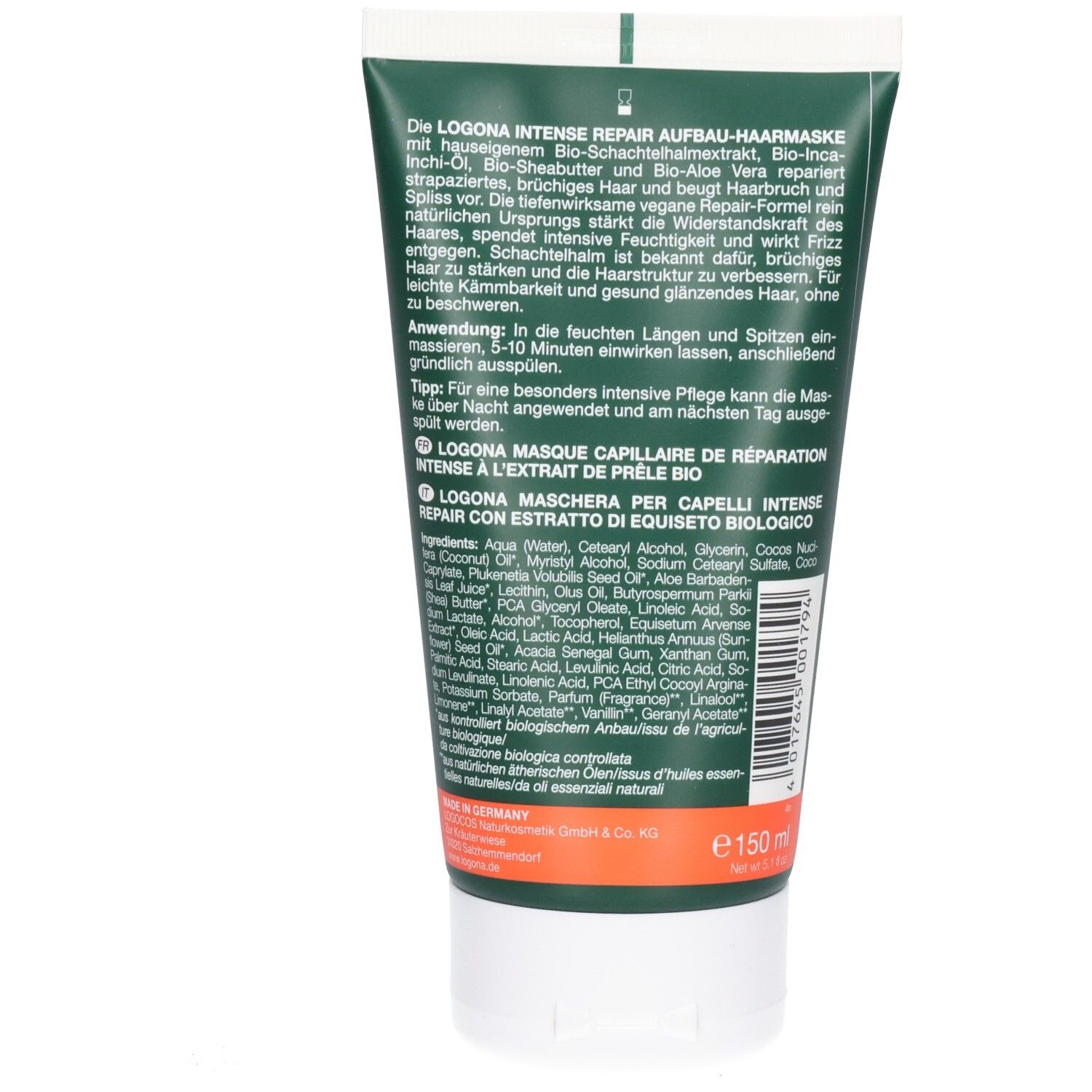 Rückseite der Logona Intense Repair Aufbau-Haarmaske mit Bio-Schachtelhalm, Inhaltsstoffen und Anwendungshinweisen.