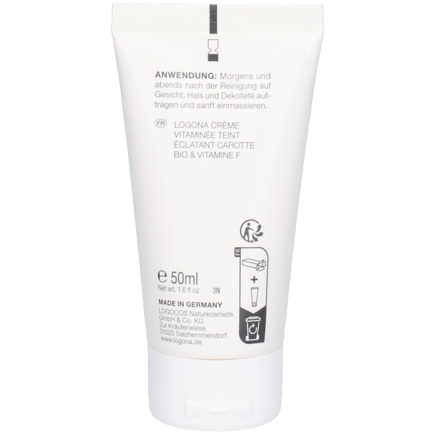 Rückseite der LOGONA Vitamincreme Tube mit Anwendungshinweisen und Inhaltsangaben.