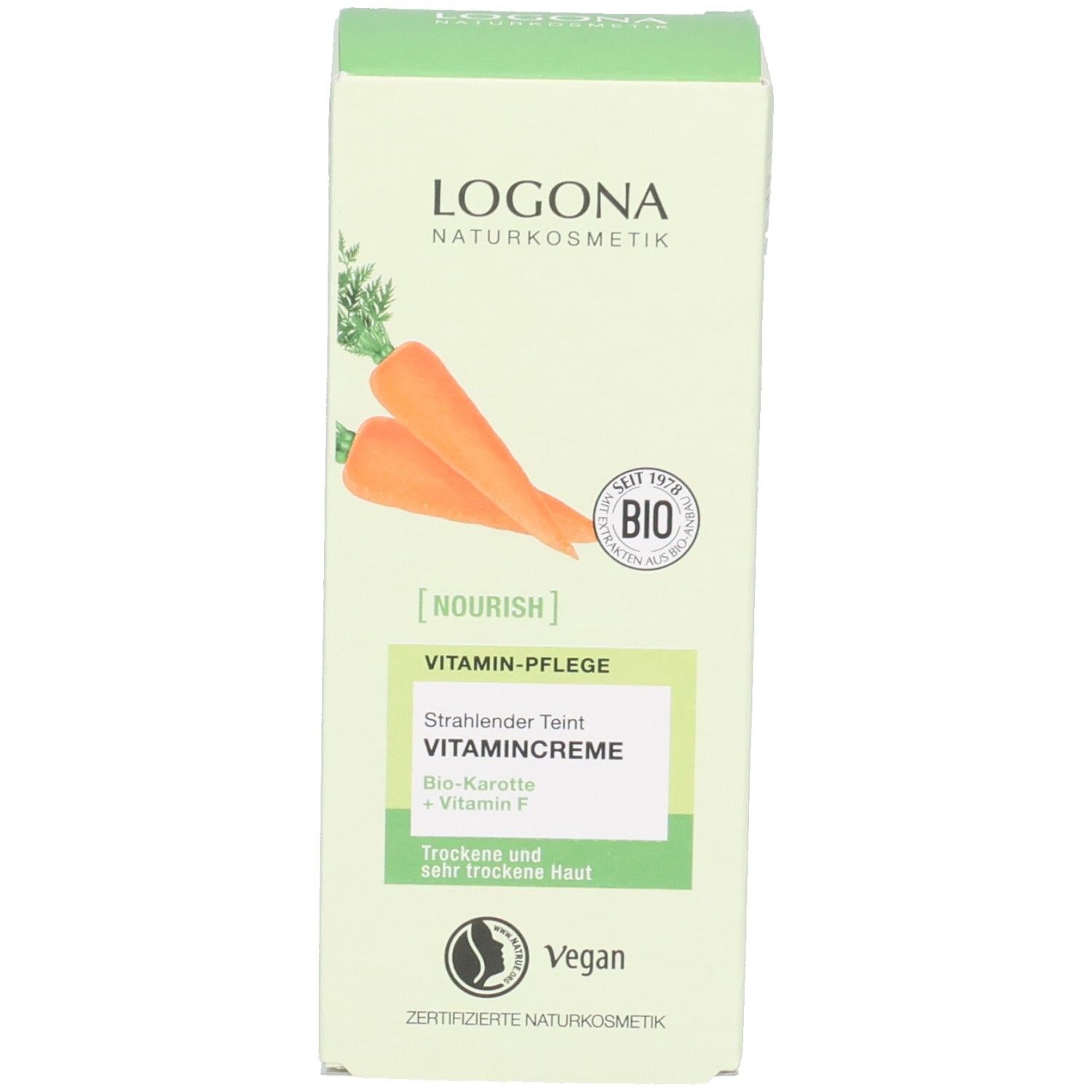Verpackungsbox für LOGONA Vitamincreme mit Karotte und Vitamin F für strahlenden Teint.