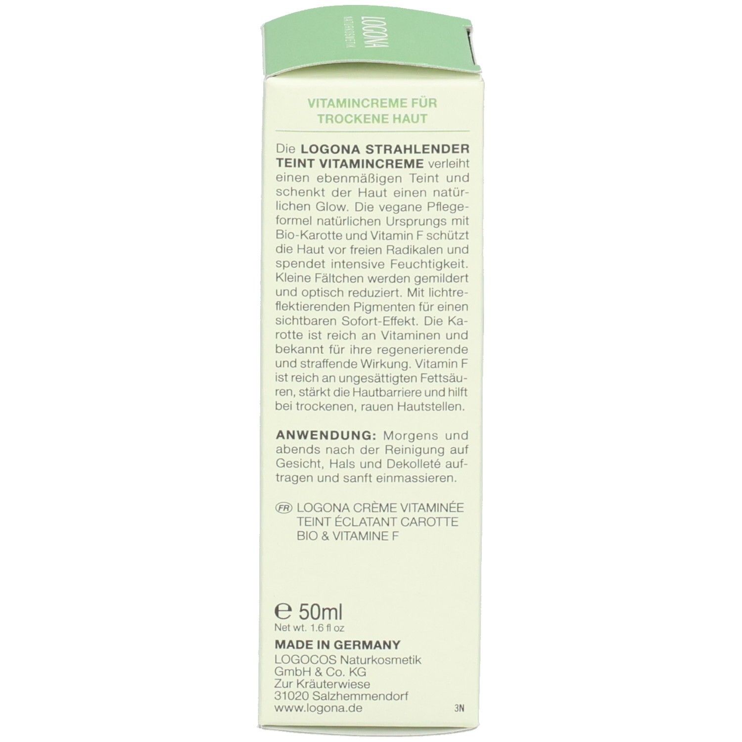 Rückseite der Verpackungsbox mit Produktbeschreibung der LOGONA Vitamincreme.