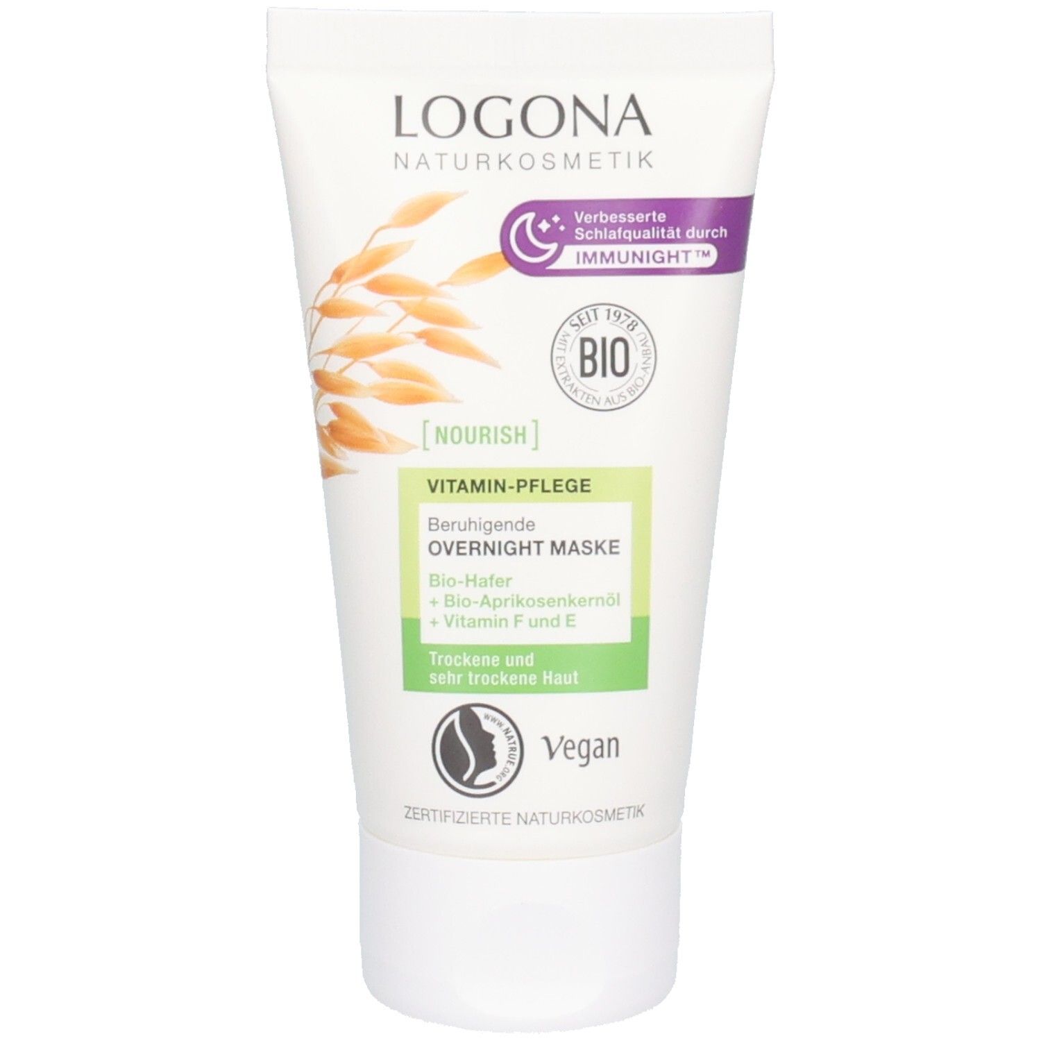 LOGONA Naturkosmetik Overnight Maske Tube mit Hafer- und Vitamin-Pflege für trockene Haut.