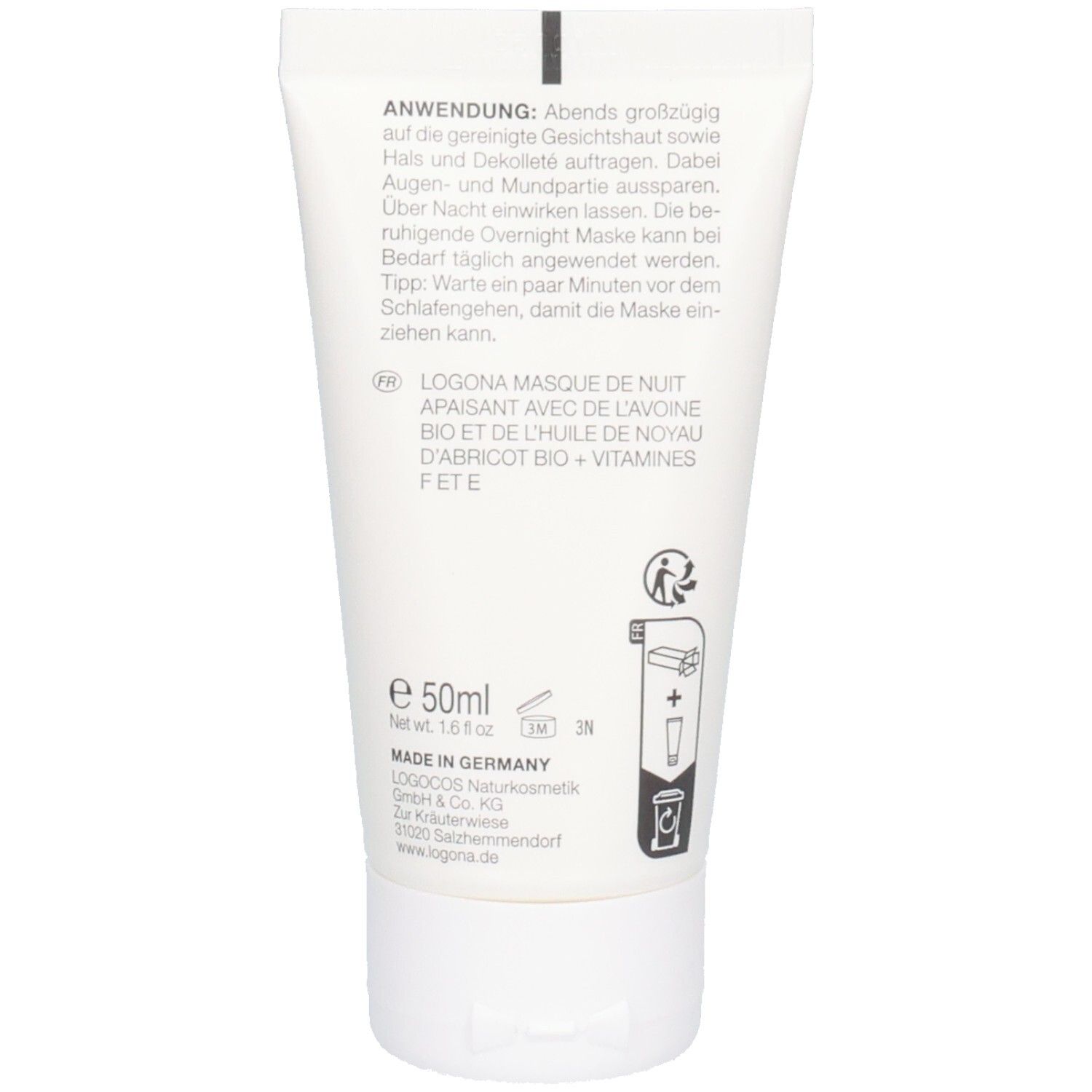 Rückseite der LOGONA Overnight Maske Tube mit Anwendungshinweisen und Inhaltsangaben.