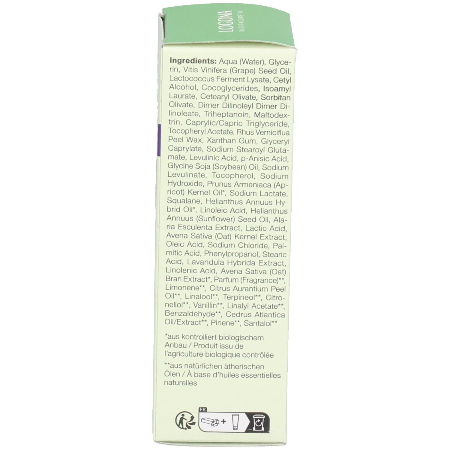 Seitenansicht der LOGONA Overnight Maske Verpackung mit detaillierter Inhaltsstoffliste.