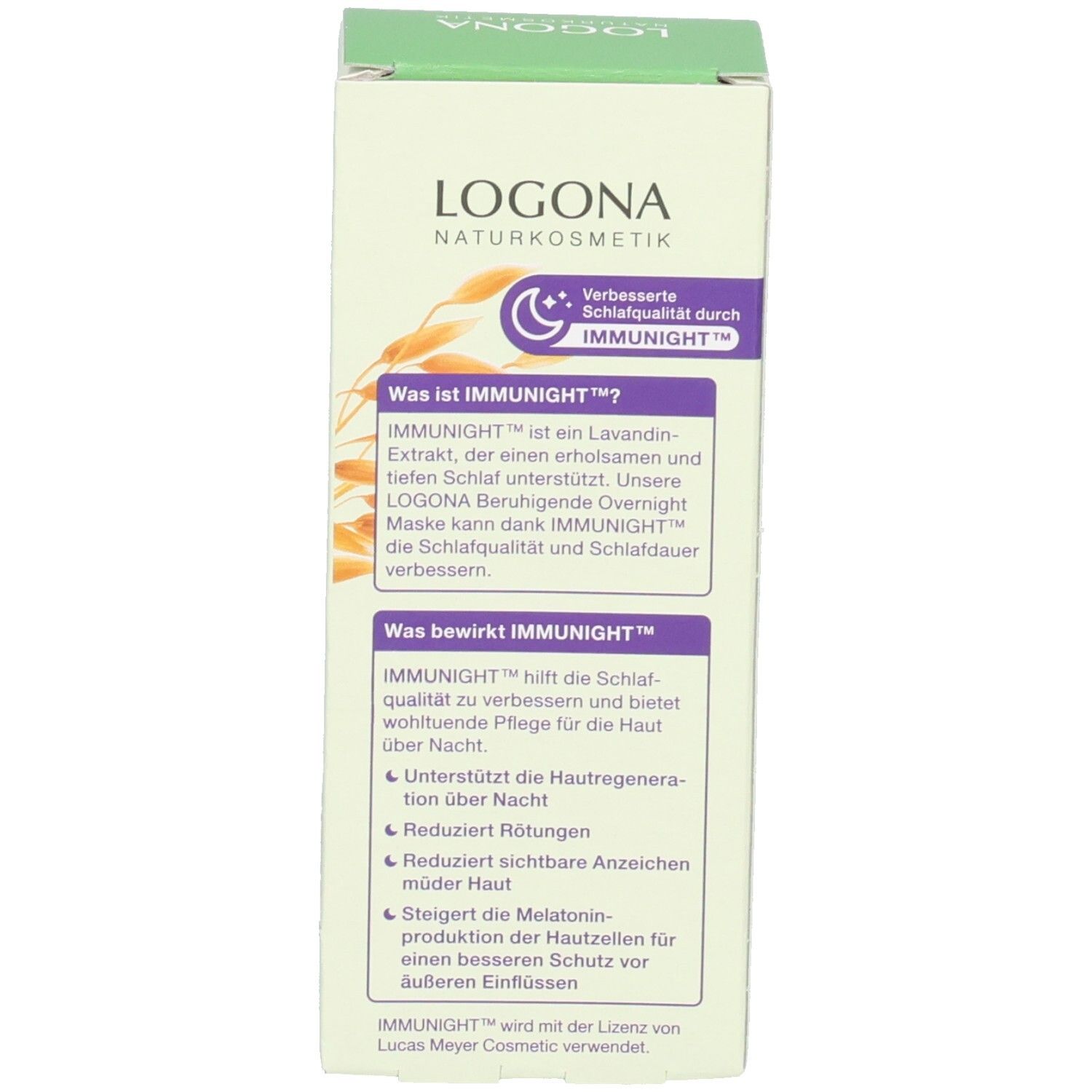 Rückseite der LOGONA Overnight Maske Verpackung mit Informationen zu IMMUNIGHT™.