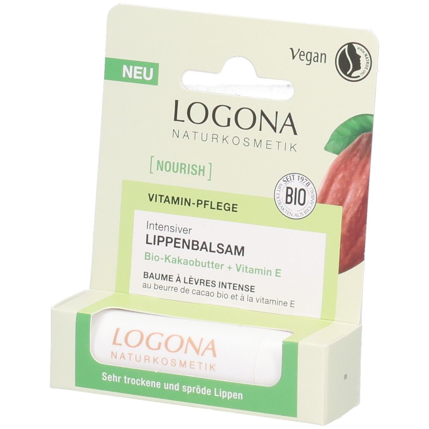 Verpackung mit LOGONA Intensiver Lippenbalsam, Bio-Kakaobutter + Vitamin E.