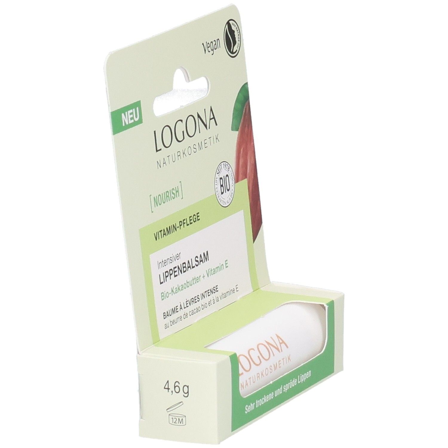 Verpackung mit LOGONA Intensiver Lippenbalsam, 4,6g, Bio-Kakaobutter + Vitamin E.