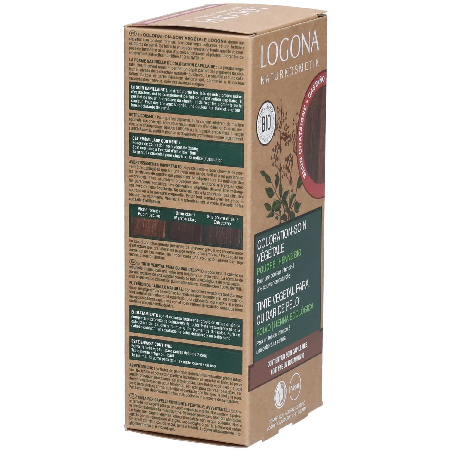 Kartonverpackung, Seitenansicht. Textinformationen in verschiedenen Sprachen. Logo und Bio-Siegel.