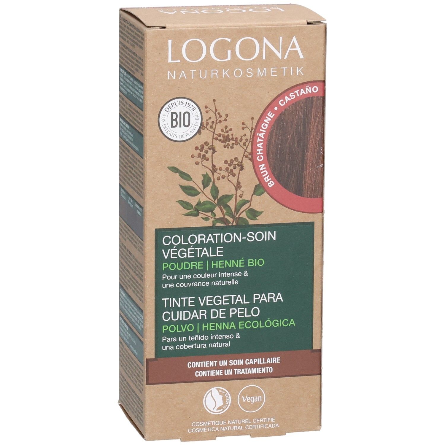 Kartonverpackung mit Produktinformationen. Logo und Produktname sichtbar. Bio-Zertifizierung. Kastanienbraune Haarfarbe.