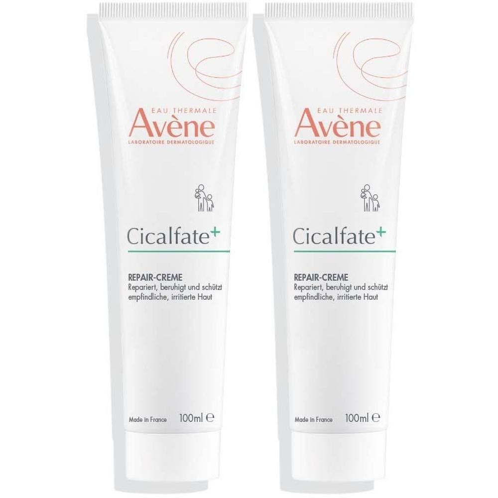 Zwei weiße Tuben Avène Cicalfate+ Repair-Creme. Aufschrift: Repariert, beruhigt und schützt empfindliche, irritierte Haut.