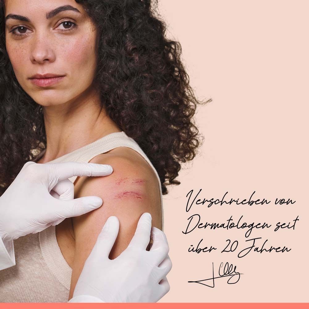 Eine Frau mit einer Hautirritation. Text: Verschrieben von Dermatologen seit über 20 Jahren.