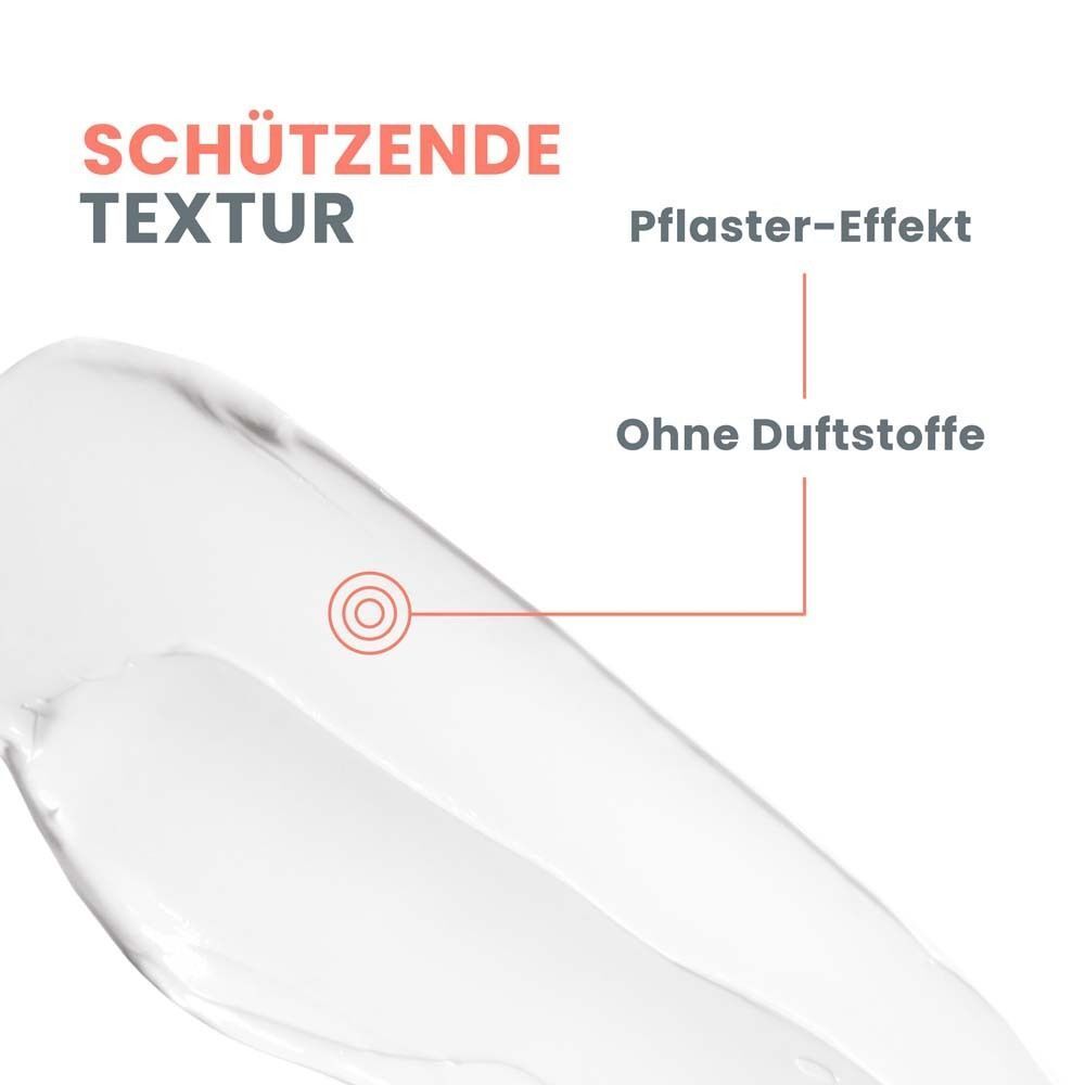 Nahaufnahme einer Creme. Text: Schützende Textur. Ohne Duftstoffe.