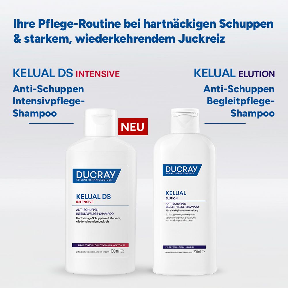 Zwei DUCRAY Shampoos: KELUAL DS INTENSIVE und KELUAL ELUTION. Text: Ihre Pflege-Routine bei hartnäckigen Schuppen & starkem, wiederkehrendem Juckreiz.