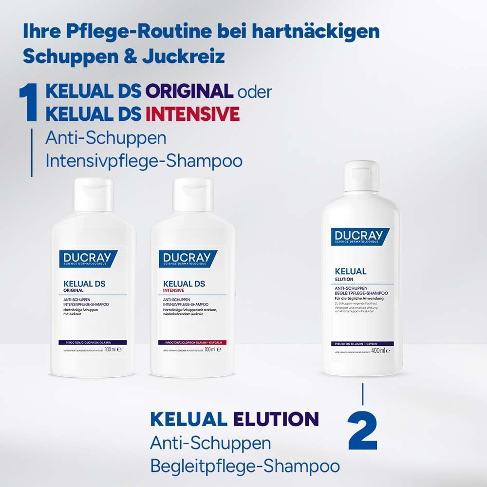 Drei Flaschen Shampoo. Text: Ihre Pflege-Routine bei hartnäckigen Schuppen & Juckreiz. KELUAL DS ORIGINAL, INTENSIVE, ELUTION.