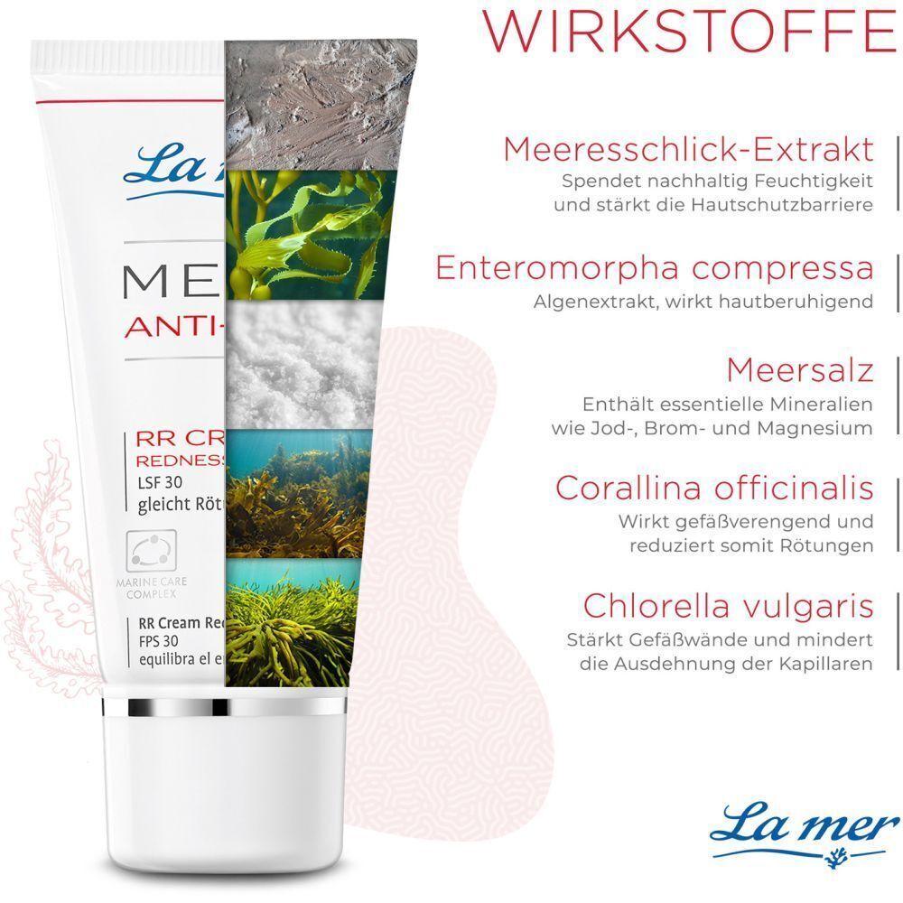 Aufgeschnittene Tube La mer MED Anti-Red Creme. Inhaltsstoffe: Meeresschlick-Extrakt, Algen, Meersalz, etc.