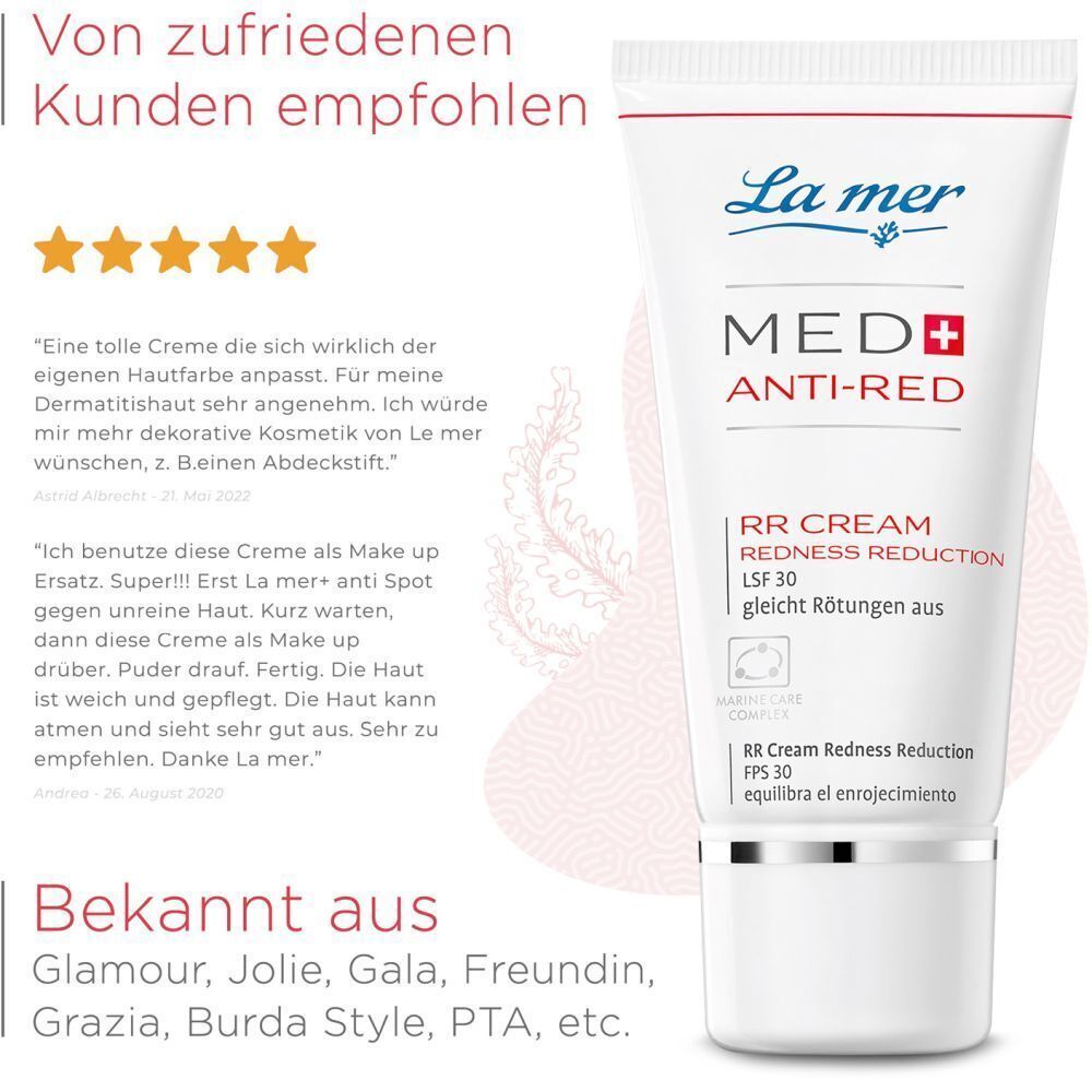 La mer MED Anti-Red Creme-Tube mit Kundenbewertungen. Text: Empfohlen von zufriedenen Kunden.