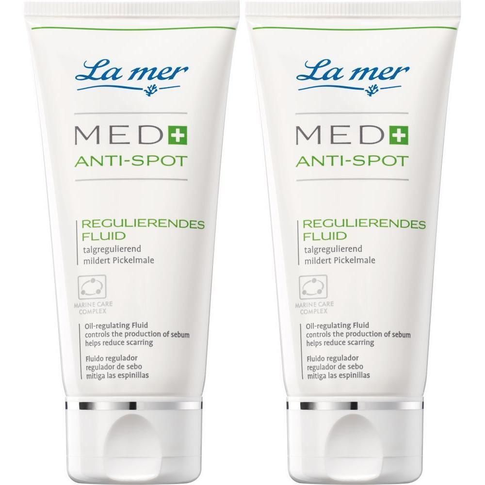 Zwei Tuben La mer MED+ Anti-Spot Fluid. Weiße Tuben mit blauer Schrift und silberner Kappe.