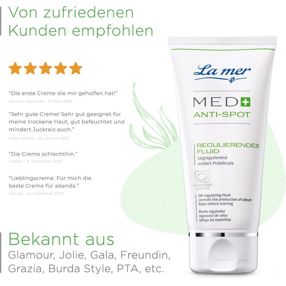 La mer MED+ Anti-Spot Fluid. Tube mit Kundenbewertungen. Text: Empfohlen von zufriedenen Kunden. Bekannt aus...