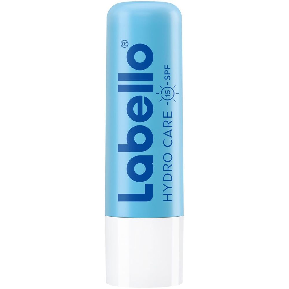 Labello Hydro Care Lippenbalsam in blauer Hülse mit weißem Schraubverschluss und LSF 15 Aufdruck.