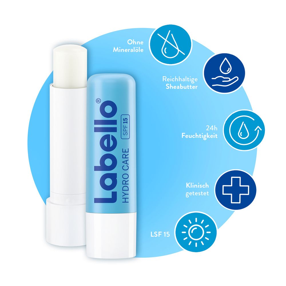 Labello Hydro Care Lippenbalsam (LSF 15) mit aufgeschraubter Hülse und Icons für Feuchtigkeit und Hautverträglichkeit.