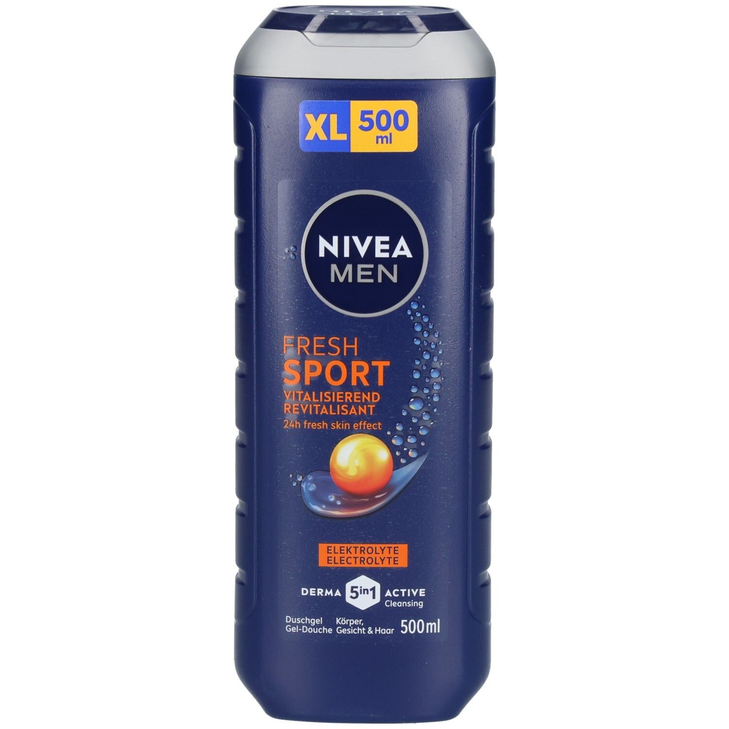 Dunkelblaue 500ml Flasche NIVEA MEN Fresh Sport 3in1 Duschgel mit orangefarbenem Akzent und blauen Spritzern.