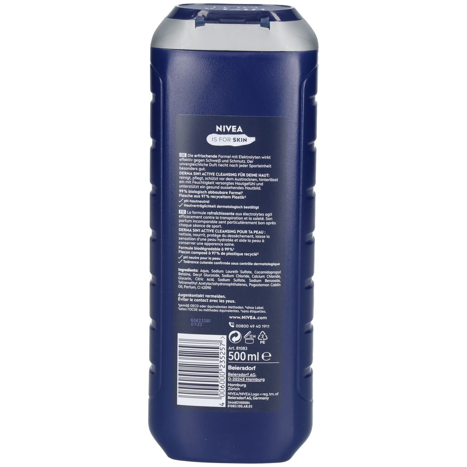 Rückseite einer dunkelblauen 500ml NIVEA MEN Fresh Sport 3in1 Duschgel Flasche mit Produktinformationen und Barcode.