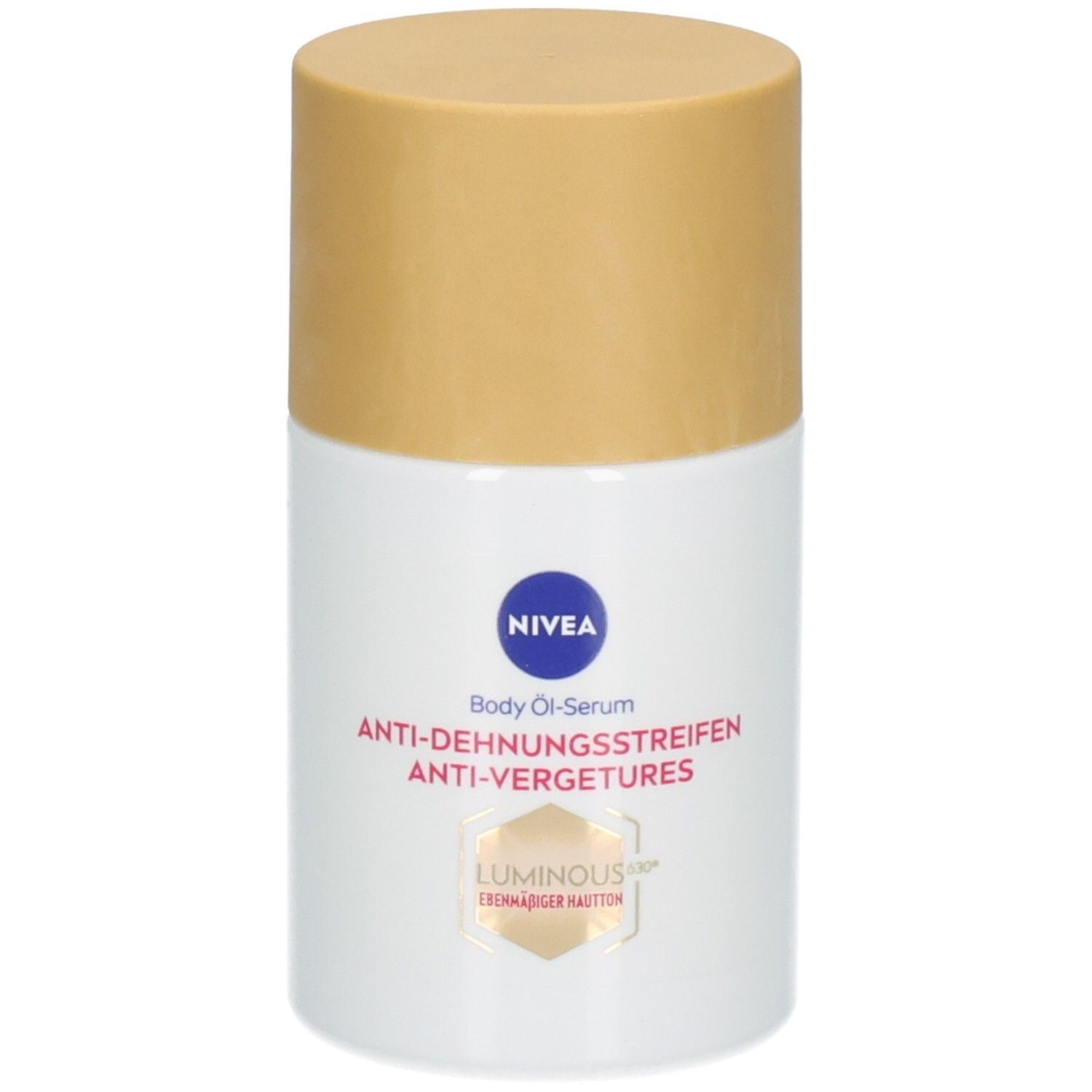 Nivea Body Öl-Serum Luminous630 gegen Dehnungsstreifen, Flasche mit goldfarbenem Verschluss.