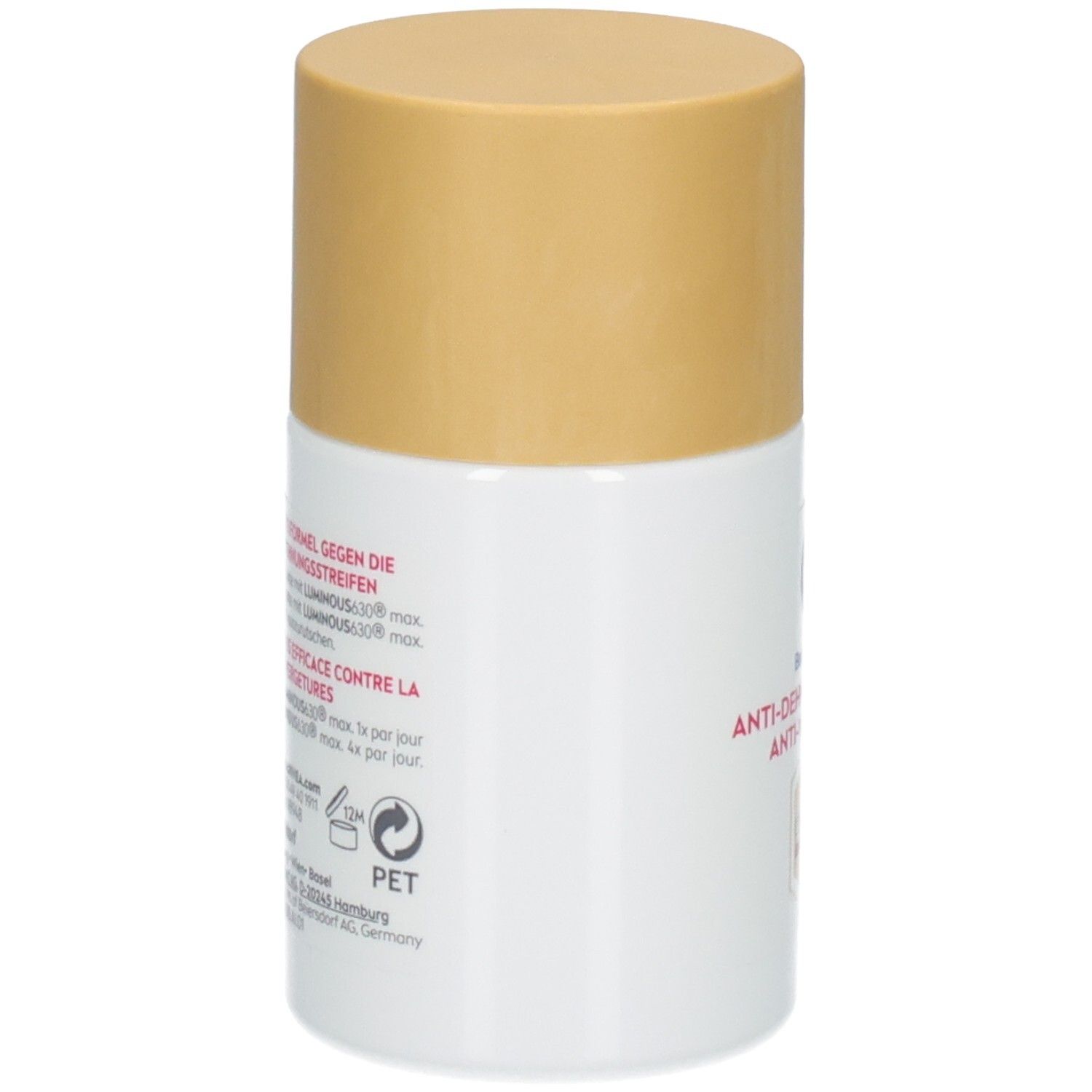 Rückseite der Nivea Body Öl-Serum Luminous630 Flasche mit Anwendungshinweisen und Recycling-Symbol.