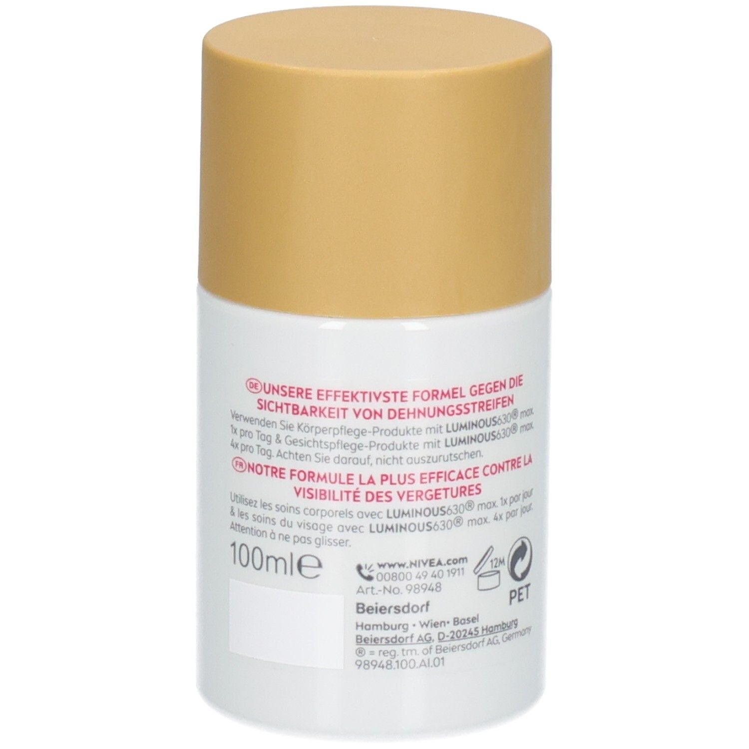 Nivea Body Öl-Serum Luminous630 Flasche, 100ml, mit Rückseitenbeschriftung und Recycling-Symbol.