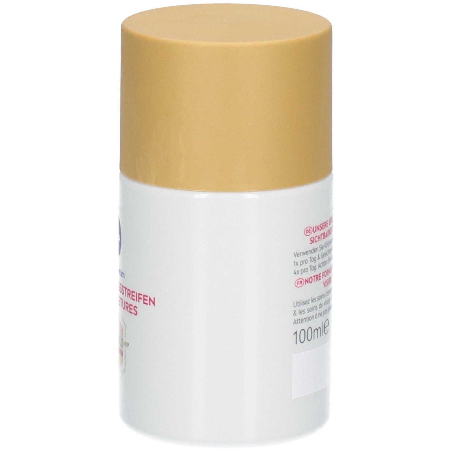 Seitenansicht der Nivea Body Öl-Serum Luminous630 Flasche mit goldfarbenem Verschluss.