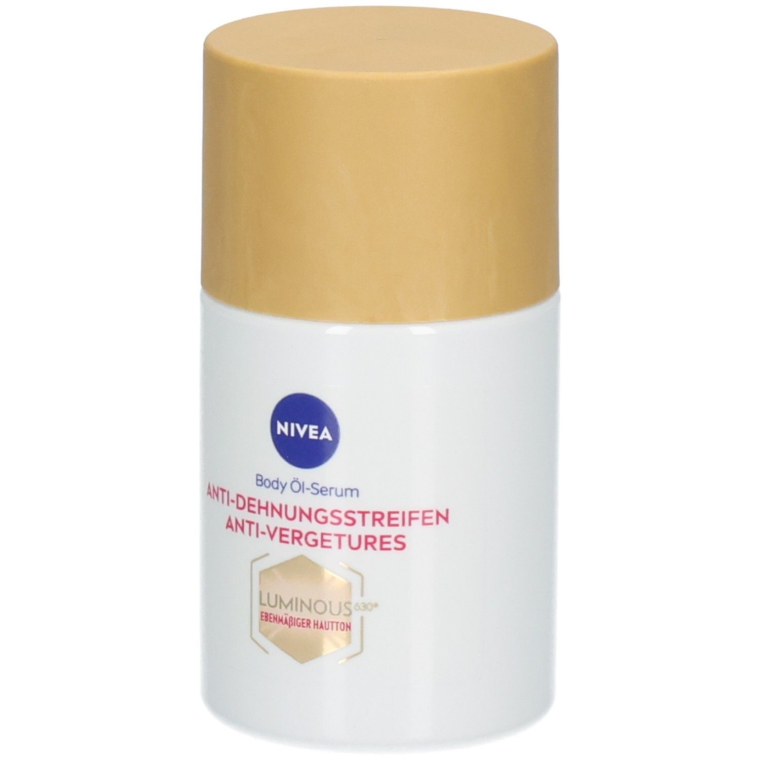 Nivea Body Öl-Serum Luminous630 gegen Dehnungsstreifen, Flasche mit goldfarbenem Verschluss.