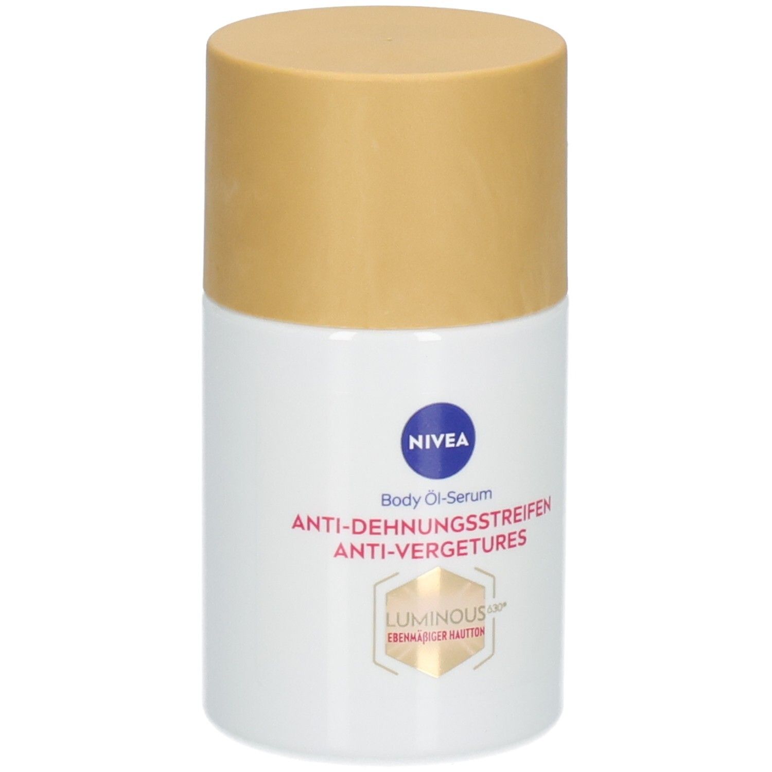 Nivea Body Öl-Serum Luminous630 gegen Dehnungsstreifen, Flasche mit goldfarbenem Verschluss.