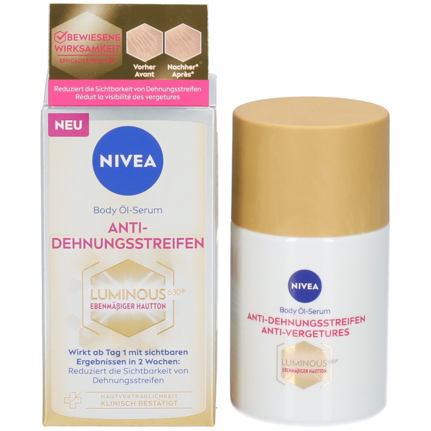 Nivea Body Öl-Serum Luminous630 mit Verpackung, zeigt Wirksamkeit und Vorher/Nachher-Vergleich.