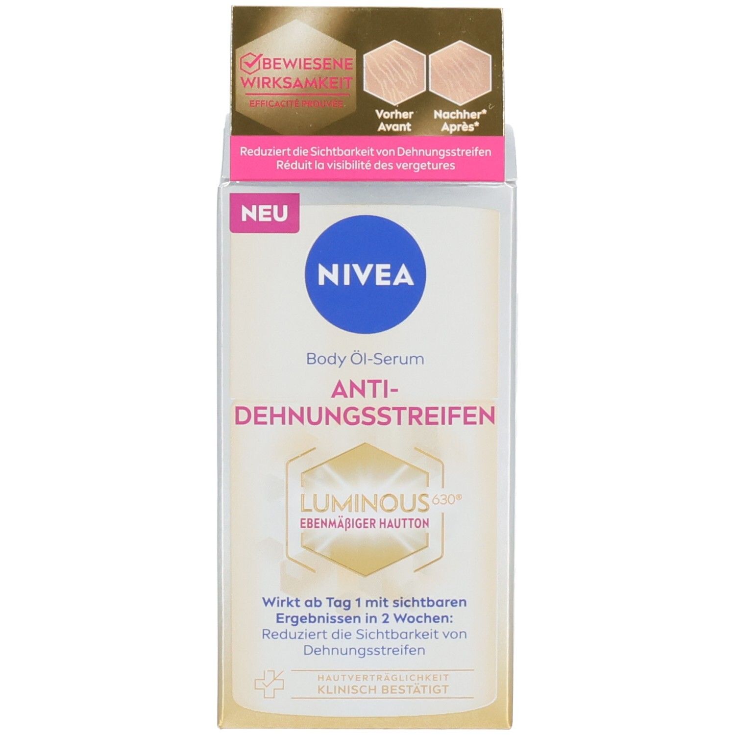 Nivea Body Öl-Serum Luminous630 in Verpackung, mit Hinweis auf klinische Bestätigung.