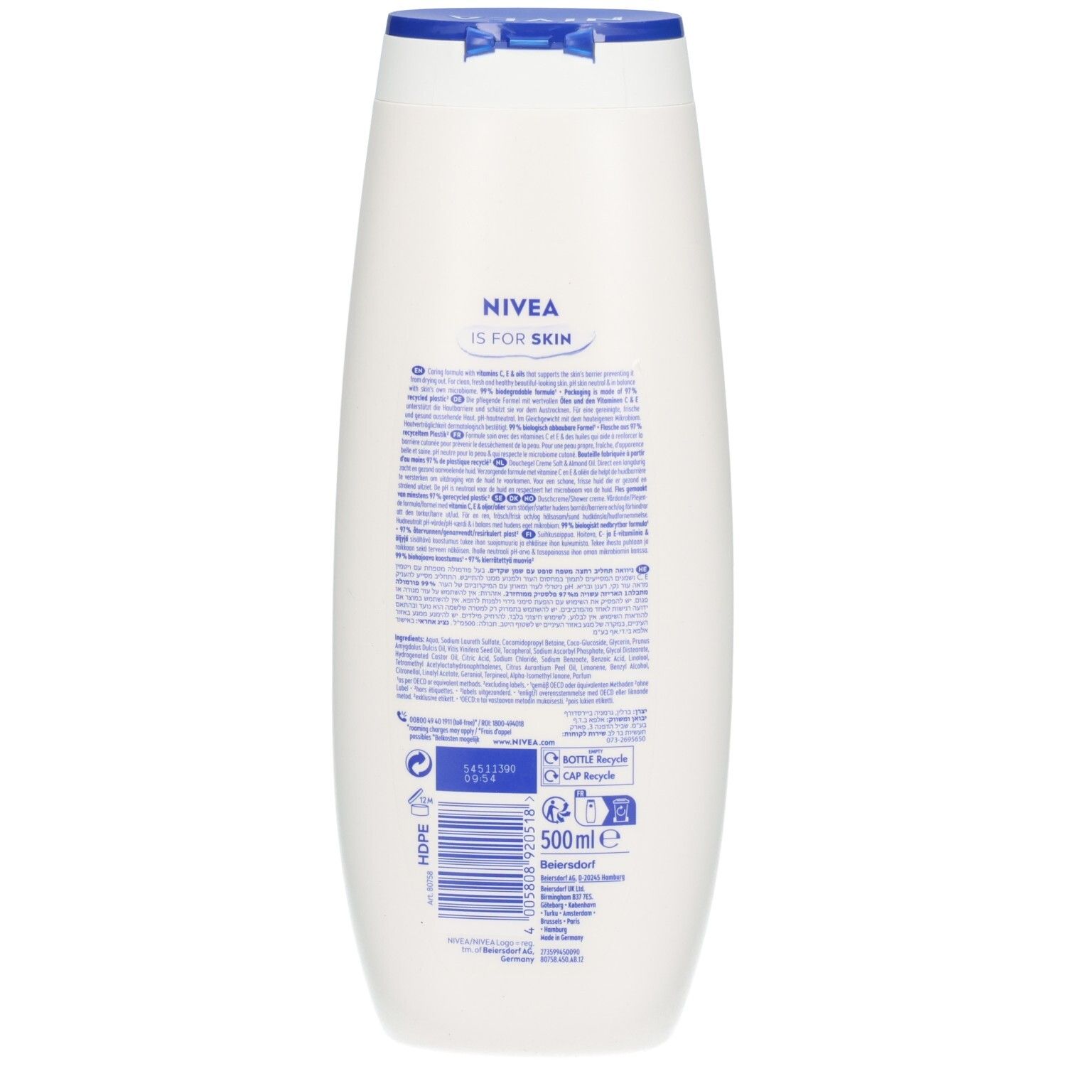 Rückseite der Nivea Creme Soft Pflegedusche Flasche, 500 ml.