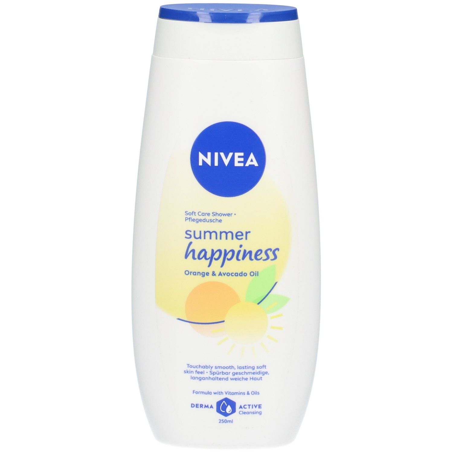 NIVEA Soft Care Shower Summer Happiness mit Orangen- und Avocadoöl. Weiße Flasche mit blauem Deckel und gelbem Etikett.