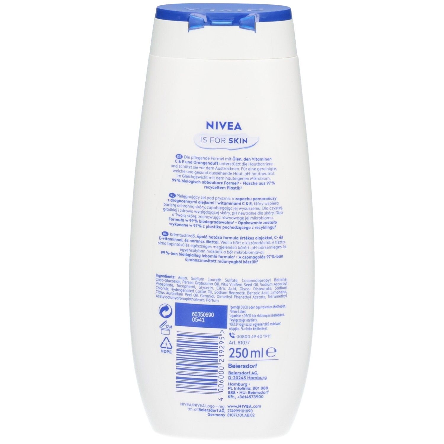 Rückseite der NIVEA Soft Care Shower Summer Happiness Flasche mit Inhaltsstoffen und Barcode. 250ml.