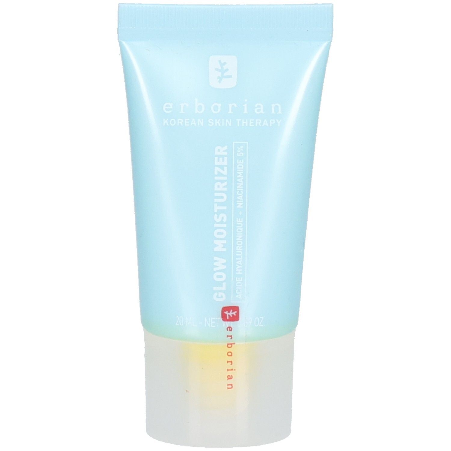 Erborian Glow Moisturizer Tube mit hellblauem und weißem Design. Enthält Hyaluronsäure und Niacinamid.