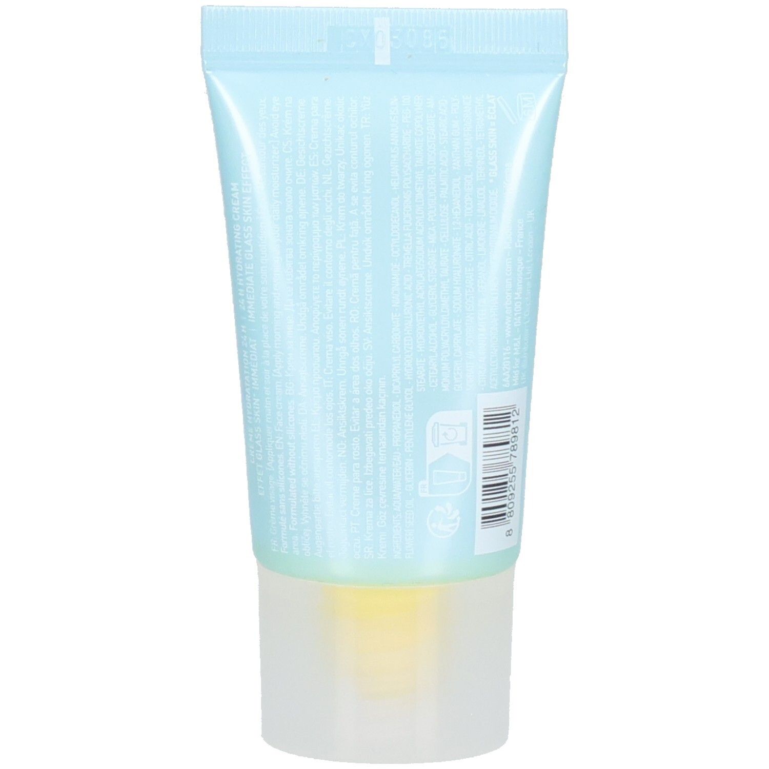 Rückseite der Erborian Glow Moisturizer Tube mit detaillierten Produktinformationen und Barcode.