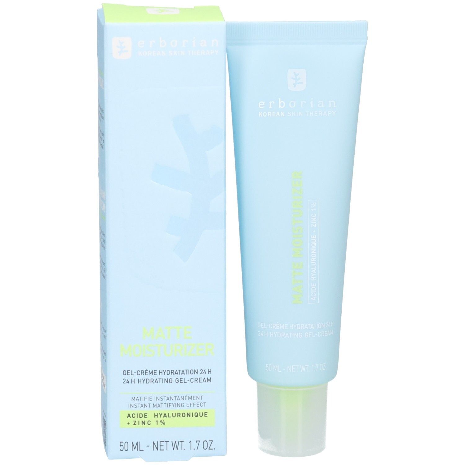 Hellblaue Tube und Kartonverpackung für Erborian Matte Moisturizer. Enthält Text und ein Symbol.