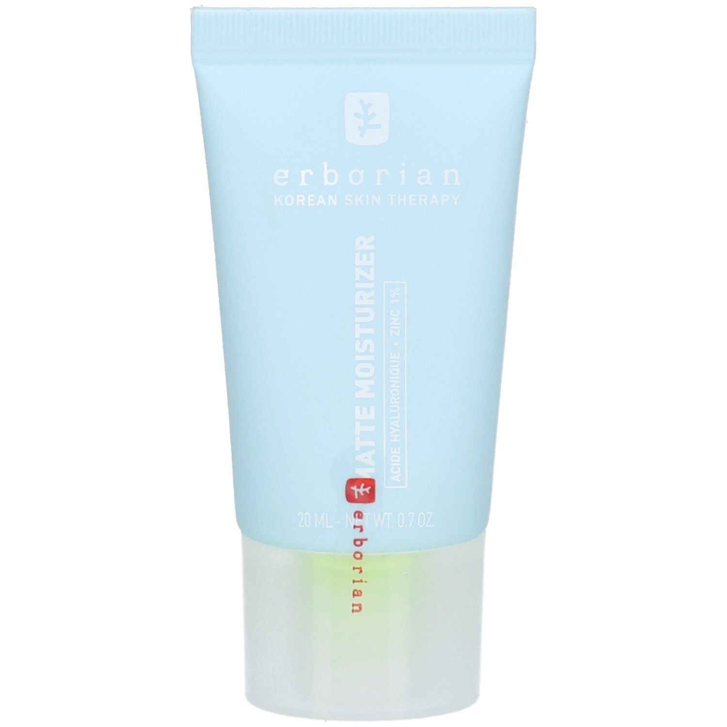 Hellblaue Tube mit weißem Verschluss. Aufschrift: erborian, MATTE MOISTURIZER, 20 ml / 0.7 fl.oz. Logo.