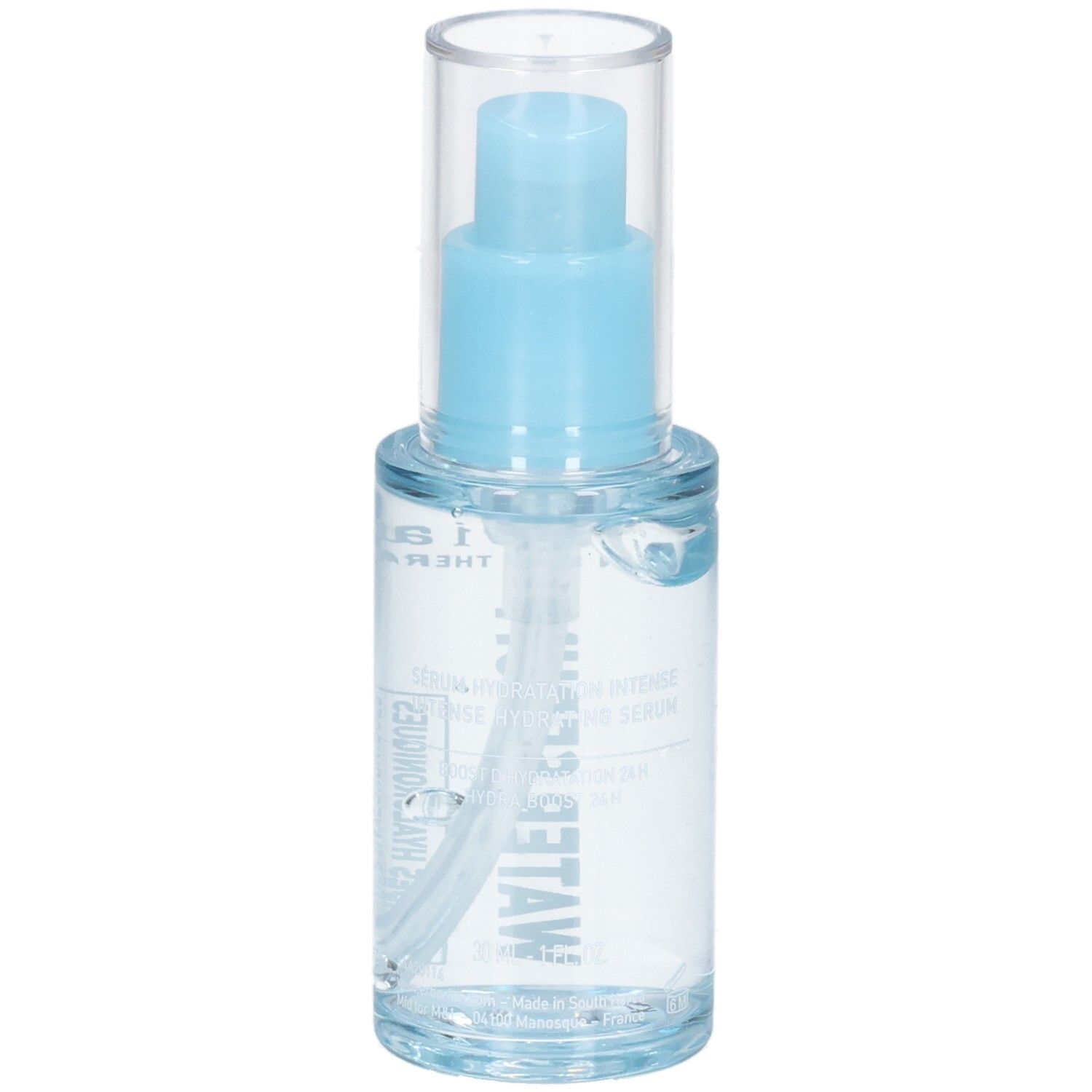 Klare Pumpflasche mit blauem Applikator, transparentem Deckel und sichtbarer Beschriftung.