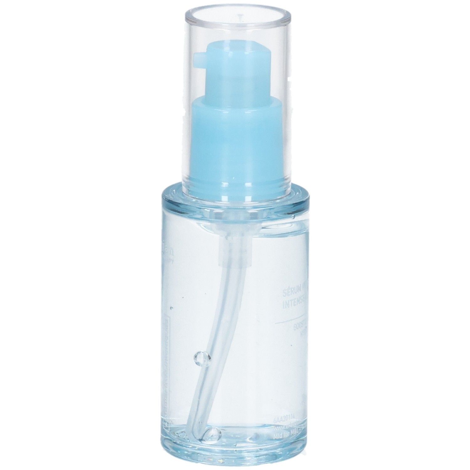 Klare Pumpflasche mit blauem Applikator und transparentem Deckel, von vorne gezeigt.