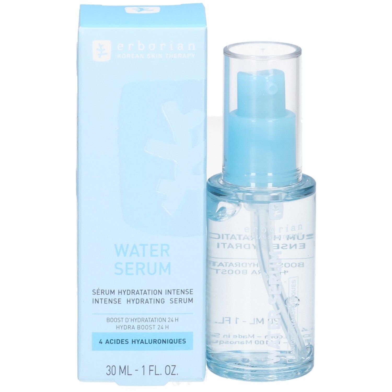 Erborian Water Serum in klarer Pumpflasche mit blauer Kappe und Kartonverpackung.