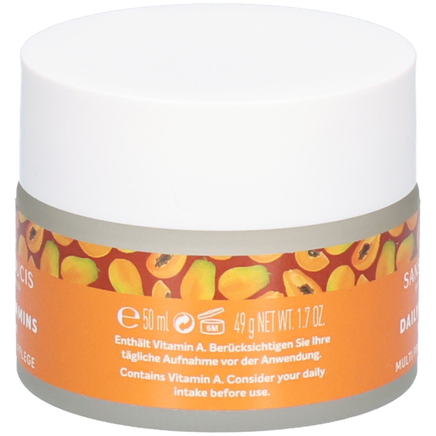 Sans Soucis Papaya Multischutz Pflege Tiegel mit Informationen zu Inhaltsstoffen und Menge (50ml).