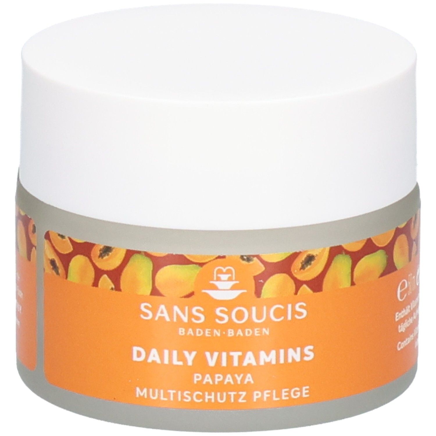 Sans Soucis Papaya Multischutz Pflege Tiegel mit Produktnamen und Vitamin-Hinweis.