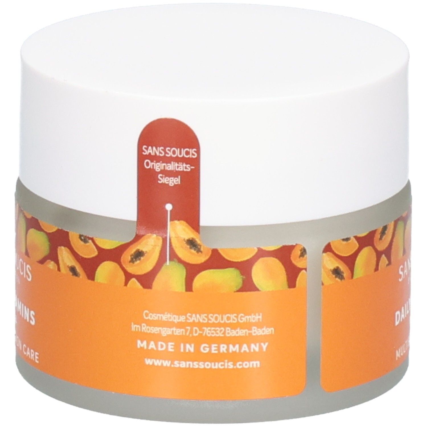 Sans Soucis Papaya Multischutz Pflege Tiegel mit Siegel und Herstellerangaben.
